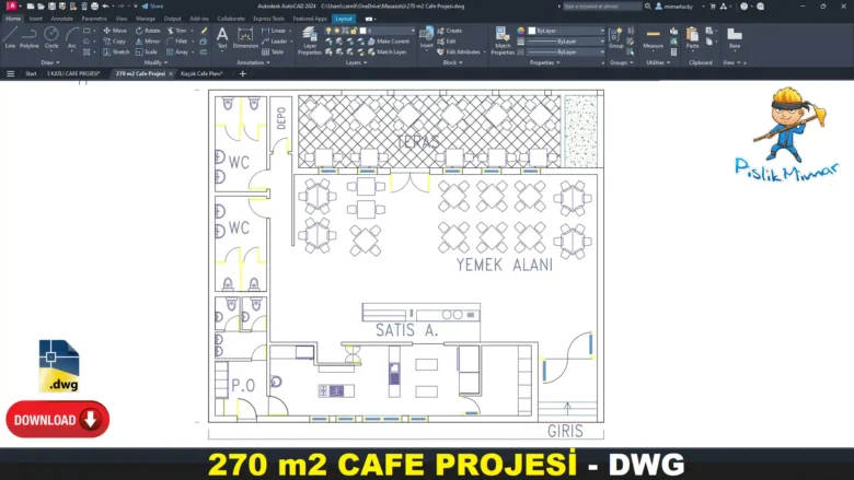 270 m2 Cafe Projesi dwg