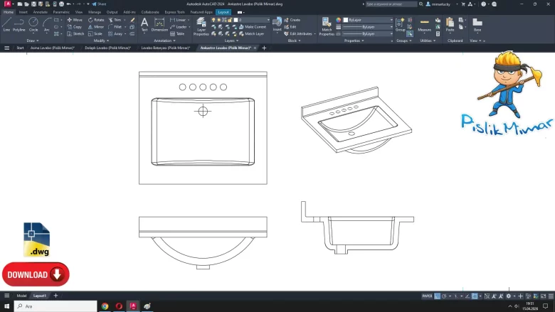 Ankastre Lavabo dwg çizimi, Built-in Washbasin dwg, autocad drawing