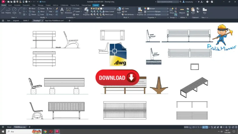 Bank oturma alanı seti dwg, Bench Seating Set DWG, Conjunto de bancos DWG, Ensemble de bancs DWG, Set di panche DWG, ベンチセット DWG, Conjunto de bancos DWG, 长椅组合 DWG