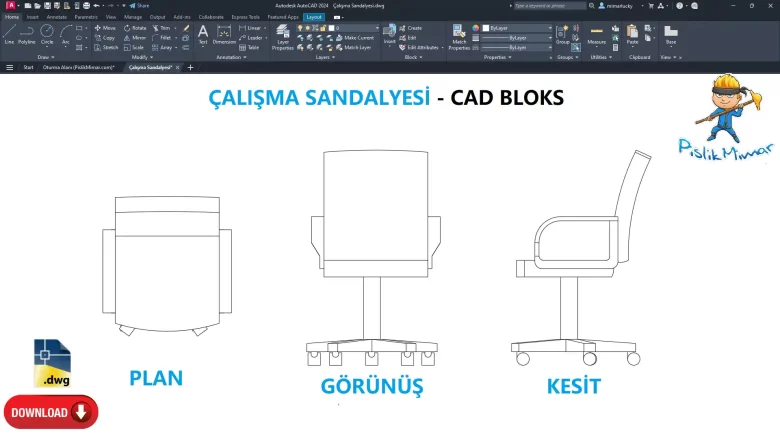 Çalışma Sandalyesi dwg, Office Chair CAD Blocks