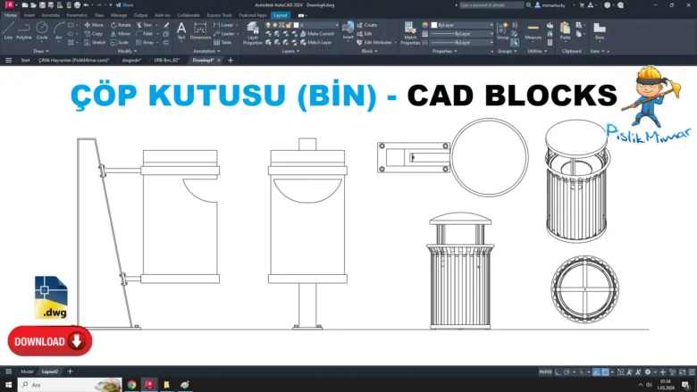 Çöp kutusu dwg, Trash Can DWG, Cubo de basura DWG, Poubelle DWG, Cestino DWG, ゴミ箱 DWG, Lixeira DWG, 垃圾桶 DWG