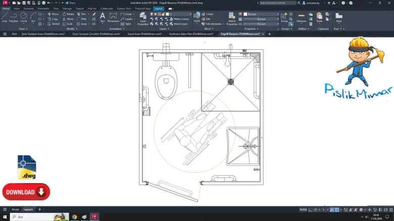 Engelli banyosu plan, Accessible Bathroom dwg, autocad drawing