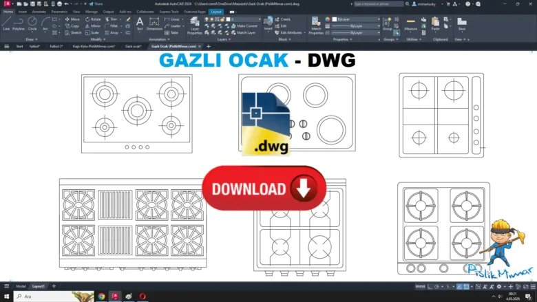Gazlı Ocak dwg, Gas Stove DWG, Cocina de gas DWG, Cuisinière à gaz DWG, Fornello a gas DWG, ガスコンロ DWG, Fogão a gás DWG, 燃气灶 DWG