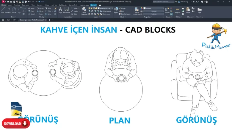 Kahve içen insan dwg, kahve içen insan çizimi, Person drinking coffee cad blocks, AutoCAD Drawing