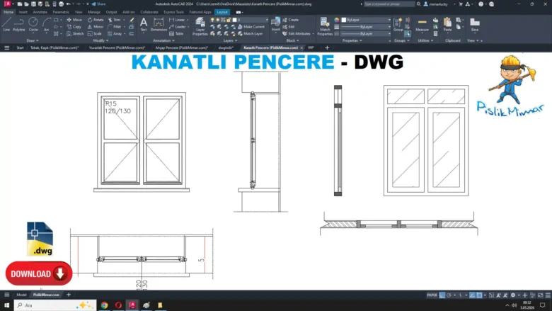 Kanatlı pencere dwg, Casement Window DWG, Ventana abatible DWG, Fenêtre à battant DWG, Finestra a battente DWG, 開き窓 DWG, Janela de batente DWG, 平开窗 DWG
