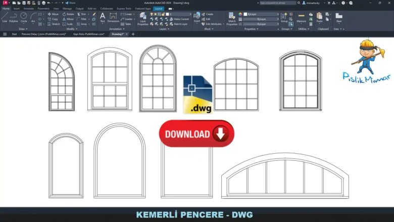Kemerli Pencere dwg, Arched Window DWG, Ventana arqueada DWG, Fenêtre cintrée DWG, Finestra ad arco DWG, アーチ窓 DWG, Janela arqueada DWG, 拱形窗 DWG