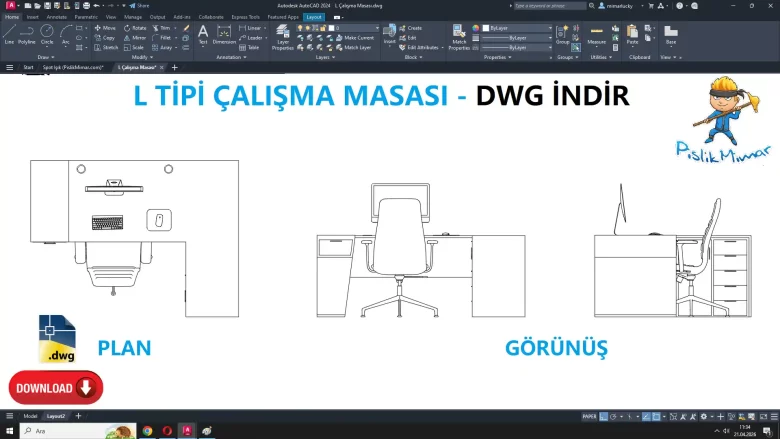 L Çalışma Masası dwg, L Desk CAD Blocks