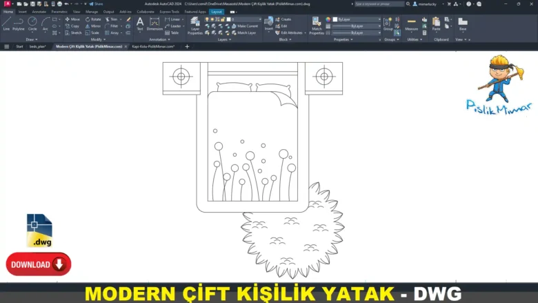 Modern Çift Kişilik Yatak dwg, Modern Double Bed DWG, Cama doble moderna DWG, Lit double moderne DWG, Letto matrimoniale moderno DWG, モダンダブルベッド DWG, Cama de casal moderna DWG, 现代双人床 DWG