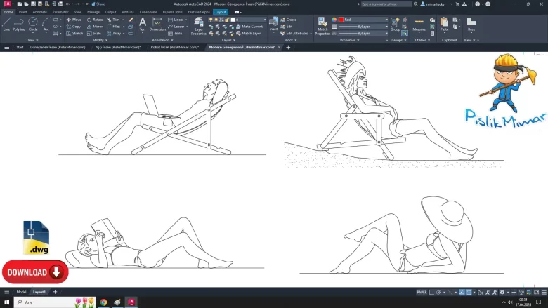 Modern Güneşlenen İnsan dwg çizimi, Modern Sunbathing Human dwg, autocad drawing