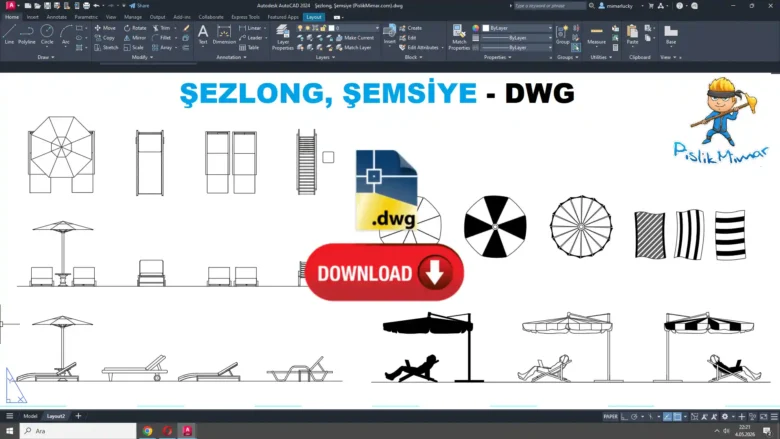 Sezlong dwg, Sun Lounger and Umbrella DWG, Tumbona y sombrilla DWG, Transat et parasol DWG, Lettino e ombrellone DWG, サンラウンジャーとパラソル DWG, Espreguiçadeira e guarda-sol DWG, 躺椅和遮阳伞 DWG