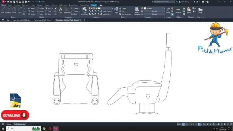 Televizyon koltuğu dwg çizimi, Television Chair dwg, cad blocks autocad