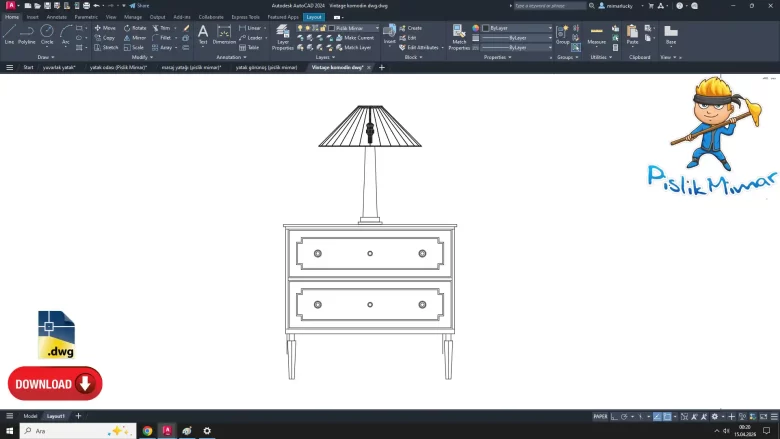 Vintage komodin dwg çizimi, Vintage Nightstand dwg, autocad drawing