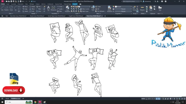 Yatan İnsan dwg çizimi, Lying Person DWG, autocad cad blocks