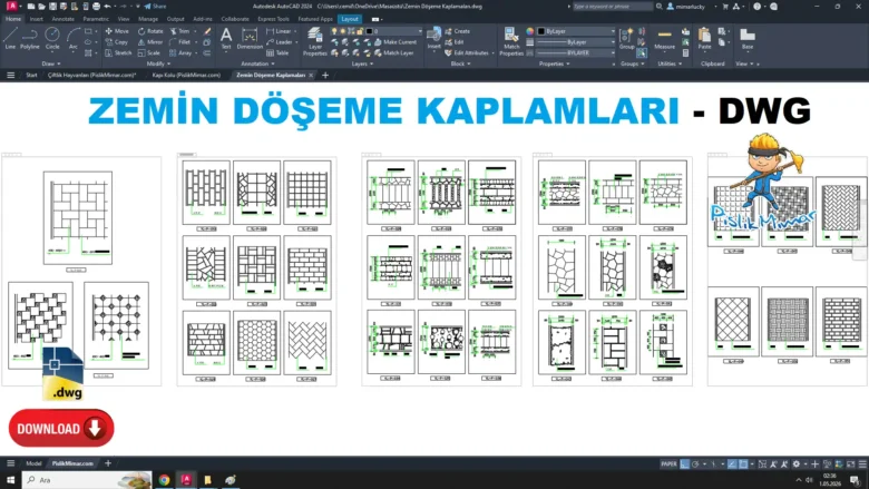 Zemin döşeme kaplamaları dwg, Floor Finishes DWG, Acabados de piso DWG, Revêtements de sol DWG, Rivestimenti per pavimenti DWG, 床仕上げ DWG, Acabamentos de piso DWG, 地面铺装 DWG