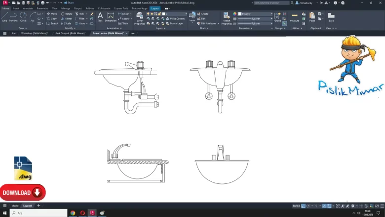 asma lavabo dwg çizimi, Wall-mounted sink dwg, autocad drawing