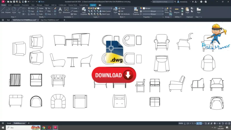 autocad tekli koltuk çizim seti dwg çizimi