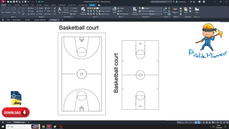 basketbol sahası dwg çizimi, Basketball Court  dwg, autocad drawing, cad block