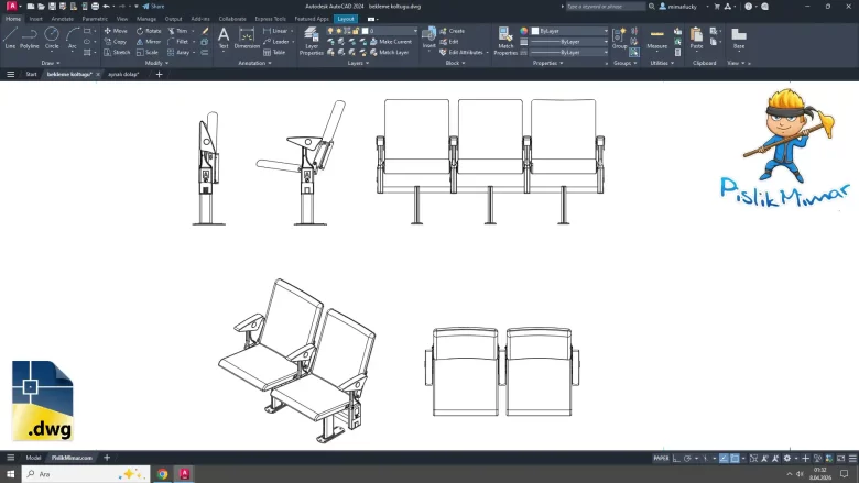 bekleme koltugu dwg çizimi, Waiting Chair dwg, autocad drawing