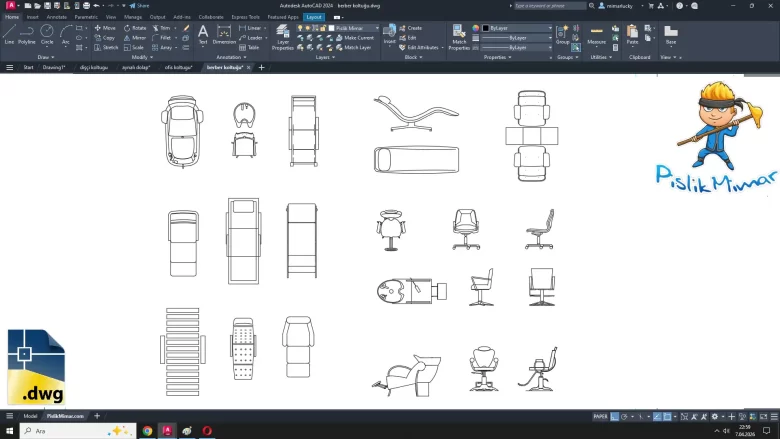 Kuaför Koltuğu DWG, Berber Koltuğu dwg. Autocad Hairdresser Chair Cad Blocks drawing