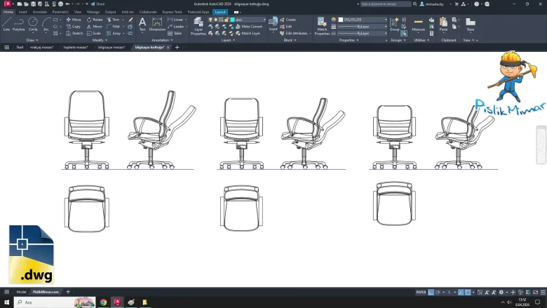 bilgisayar koltuğu dwg çizimi, Computer Chair cad blocks, autocad drawing