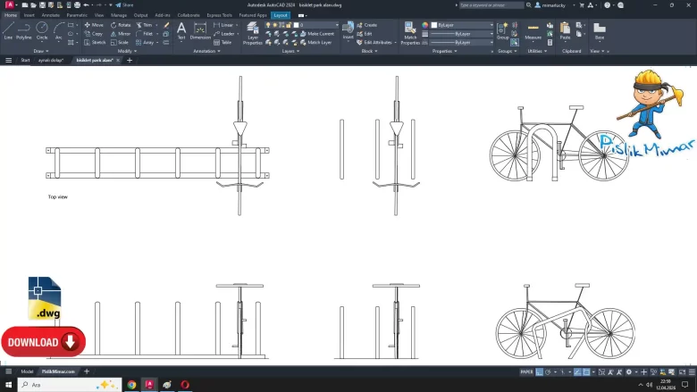 bisiklet park yeri dwg çizimi, Bicycle Parking Area dwg, autocad drawing cad blocks