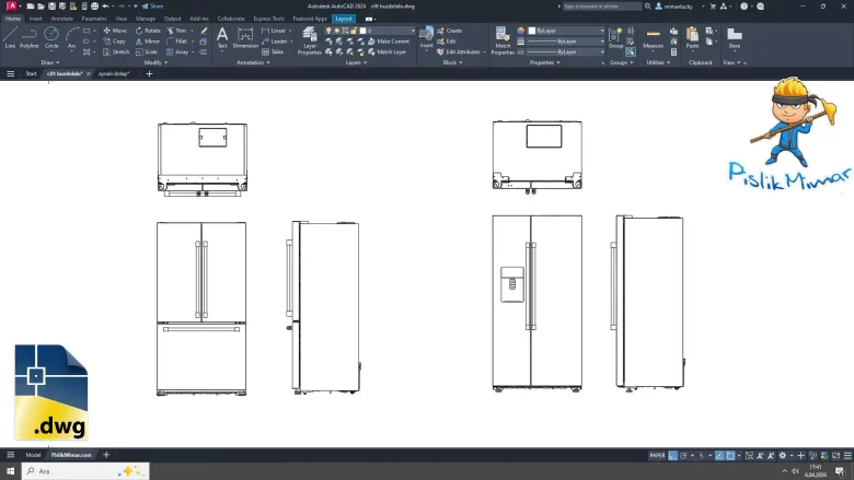 çift kapılı buzdolabı dwg, Double Door Refrigerator cad blocks