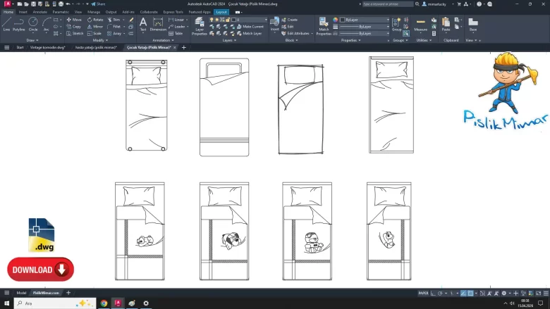çocuk yatağı dwg çizimi, Baby Bed dwg, autocad drawing