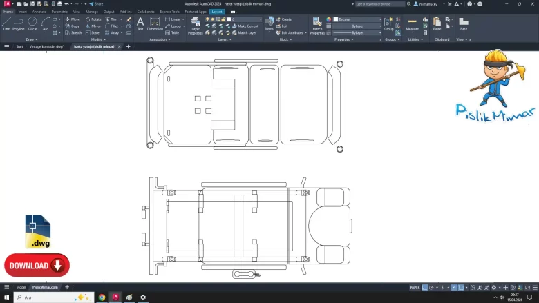 hasta yatağı dwg çizimi, Hospital Bed dwg drawing, autocad cad blocks
