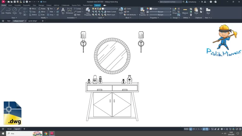 makyaj masası dwg çizimi, Vanity Table CAD Block, autocad drawing