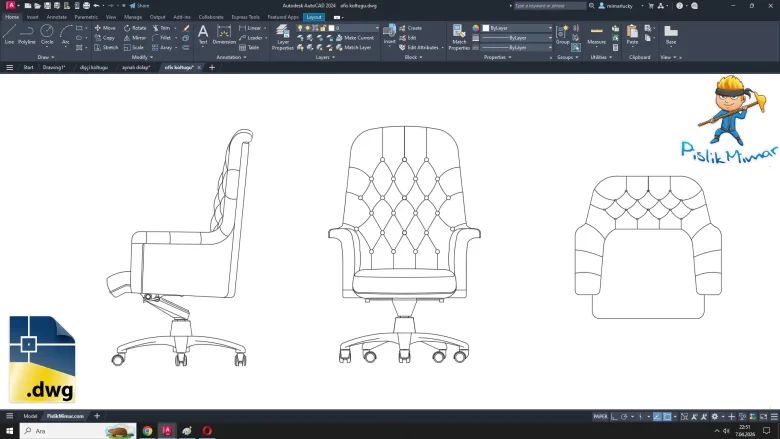 ofis koltuğu dwg çizimi, Office Chair cad blocks, autocad drawing