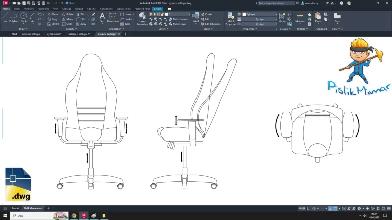 oyuncu koltuğu dwg çizimi, Gaming Chair dwg, autocad drawing