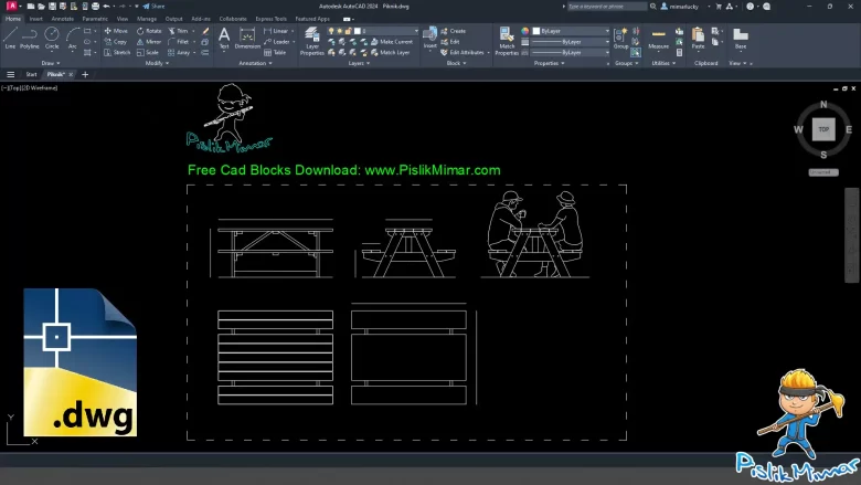 piknik masası dwg, autocad Picnic Table cad blocks