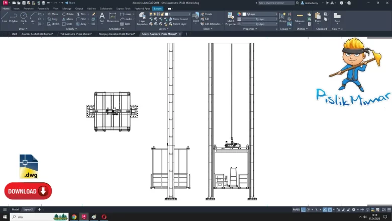 servis asansörü dwg çizimi, Service Elevator dwg, autocad drawing