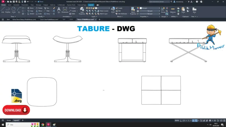 tabure dwg, Stool DWG, Taburete DWG, Tabouret DWG, Sgabello DWG, スツール DWG, Banqueta DWG, 凳子 DWG