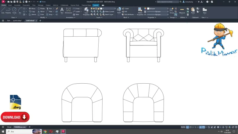 tekli koltuk dwg çizimi, Single Armchair dwg free download, autocad drawing