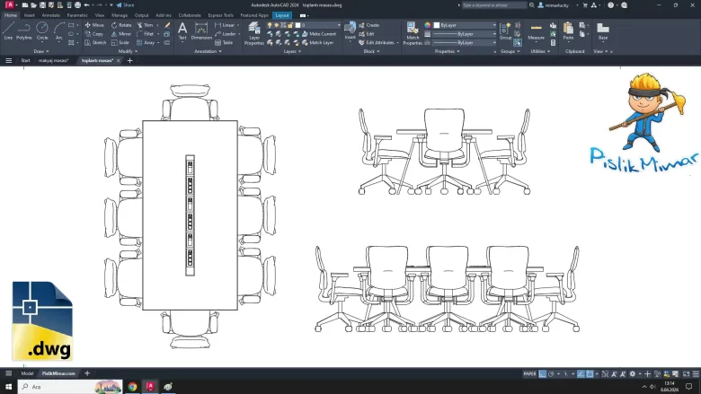 toplantı masası dwg çizimi, Meeting Table cad block, autocad drawing