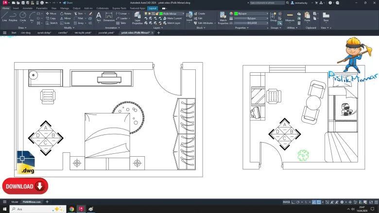yatak odası plan dwg, Bedroom Plan DWG, autocad drawing